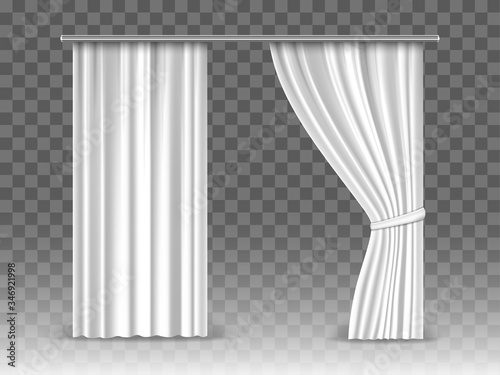 Vector white curtains isolated on transparent background. Realistic mockup curtains hanging on metal  rod