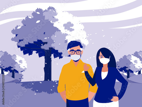 Woman and man with mask in front of landscape vector design