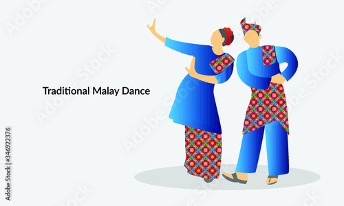 Vector illustration of a Malaysian couple performing a traditional Malay dance moves. 