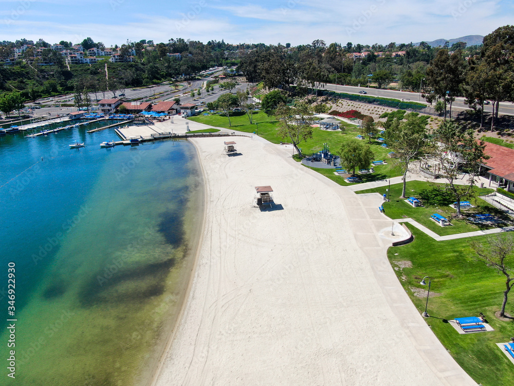 Aerial view of Lake Mission Viejo, with recreational facilities and beach Playa Del Norte. Orange County, California, USA