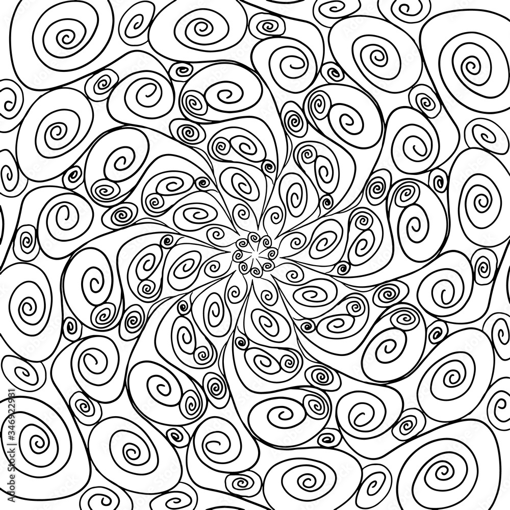 Pattern hand drawn doodles mandala. Dynamic contour repeating elements. Coloring pages for adult, children. Modern abstract spirals, swirls, line, spot. Vector cartoon black outline white background Pattern hand drawn doodles mandala. Dynamic contour repeating elements. Coloring pages for adult, children. Modern abstract spirals, swirls, line, spot. Vector cartoon black outline white background