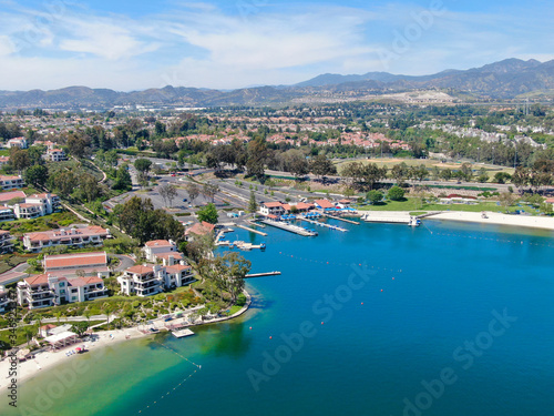 Aerial view of Lake Mission Viejo, with recreational facilities, surrounded by private residential and condominium communities. Orange County, California, USA photo
