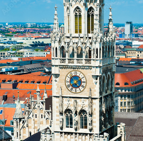 New Town Hall (Neues Rathaus), close-up. Aerial view. City in sunny summer day. Munich. Bavaria. Germany