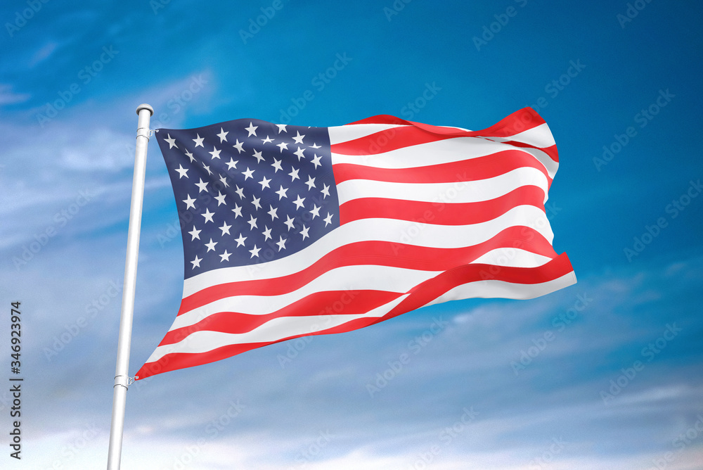 United States flag waving sky background 3D illustration