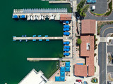 Aerial view of Lake Mission Viejo, with recreational facilities and small pier at Playe Del Norte. Orange County, California, USA