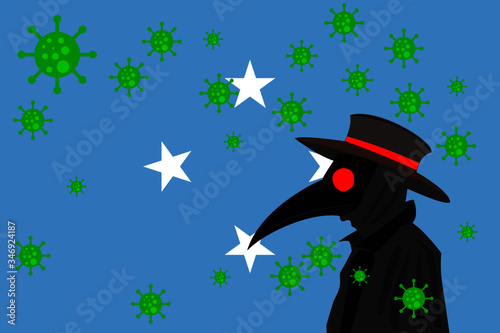 Black plague doctor surrounded by viruses with copy space with MICRONESIA flag.