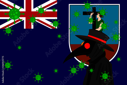 Black plague doctor surrounded by viruses with copy space with MONTSERRAT flag.