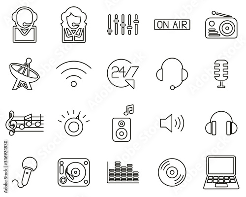 Radio Station & Radio Equipment Icons Black & White Thin Line Set Big
