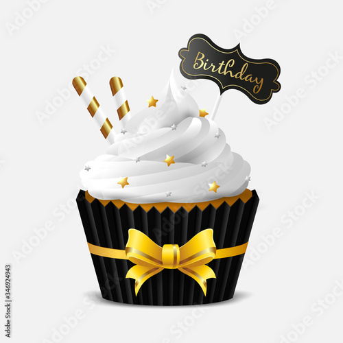 Sweet cupcake with white icing on a white background. Tag with the inscription Birthday. Vector illustration
