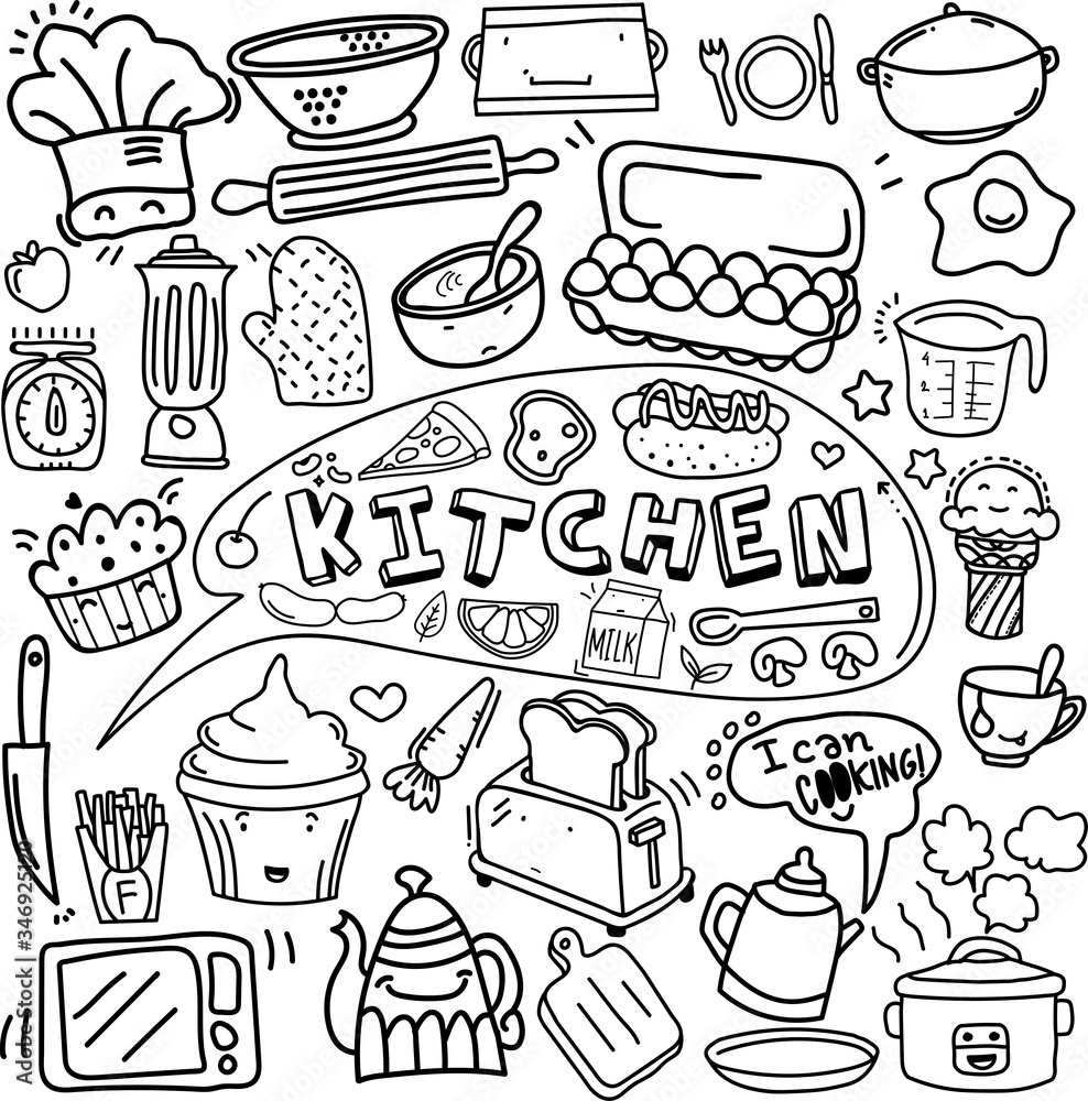 Kitchen doodle vector with the stuffs, hand made, wall art, cafe template design, restaurant