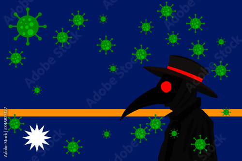 Black plague doctor surrounded by viruses with copy space with NAURU flag.