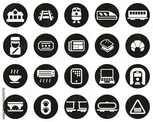 Railroad Travel & Cargo Transportation Icons White On Black Flat Design Circle Set Big