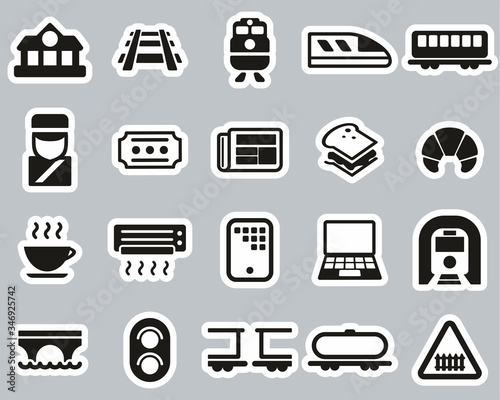 Railroad Travel & Cargo Transportation Icons Black & White Sticker Set Big