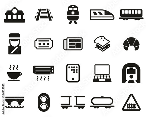Railroad Travel & Cargo Transportation Icons Black & White Set Big