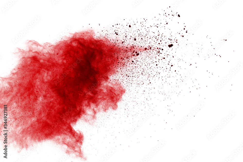 Red powder explosion on white background. Colored cloud. Colorful dust explode. Paint Holi.