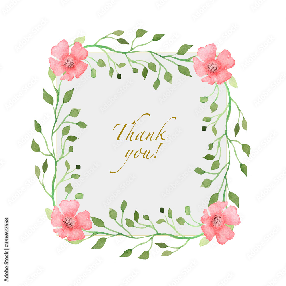 Watercolor illustration of a wreath of green leaves and pink flowers. Hand-drawn with watercolors and is suitable for all types of design and printing.