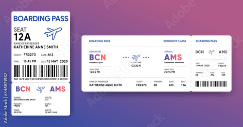 Paper and mobile boarding pass. Responsive design of air ticket. Airline data card mockup. Flight check-in document template. Vector illustration.