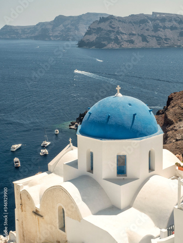 White Church with blue dome at Oia  Santorini  Greek Islands