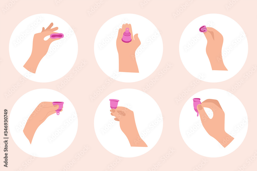 Menstrual cup, sanitary protection for woman in period. Device for collecting blood, zero waste cup. Vector infographic instruction. Menstrual cup, sanitary protection for woman in period. Device for collecting blood, zero waste cup. Vector infographic instruction.