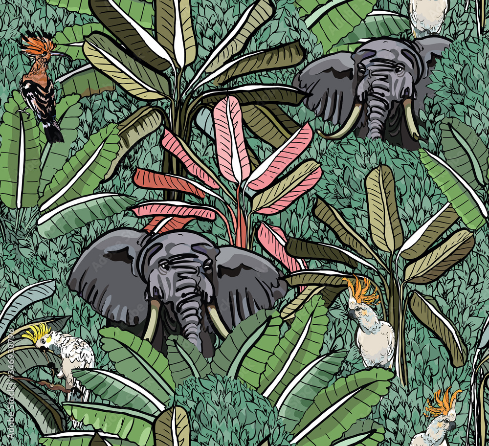 Elephants and Parrots in Deep Jungles India Green, Pink Banana Palms
