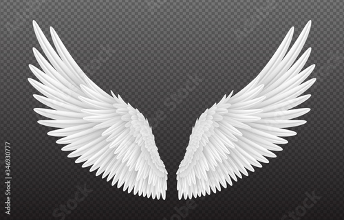 Pair of beautiful white angel wings isolated on transparent background, 3D realistic vector illustration. Spirituality and freedom
