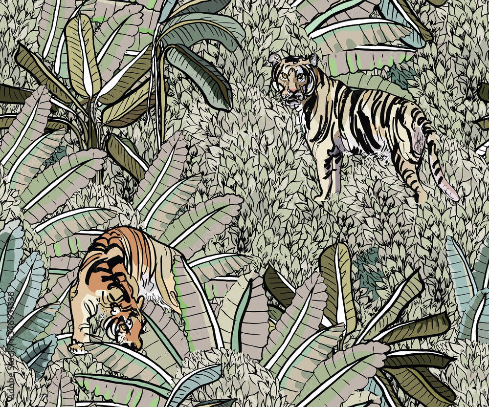 Seamless Pattern Tigers in India Jungle Bushes with Palms in Nude ...