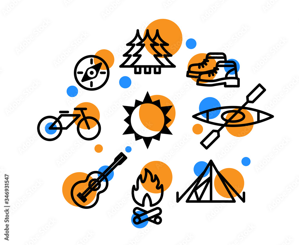 Camping icons set, leisure activities in outline design
