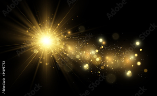 Golden bright star. Light effect bright star. Beautiful light to illustrate. Christmas star White sparks sparkle with a special light. Vector sparkles on transparent background.