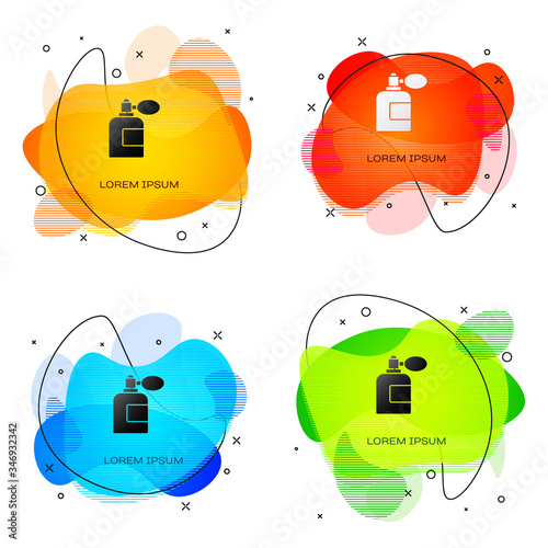 Black Aftershave bottle with atomizer icon isolated on white background. Cologne spray icon. Male perfume bottle. Abstract banner with liquid shapes. Vector Illustration