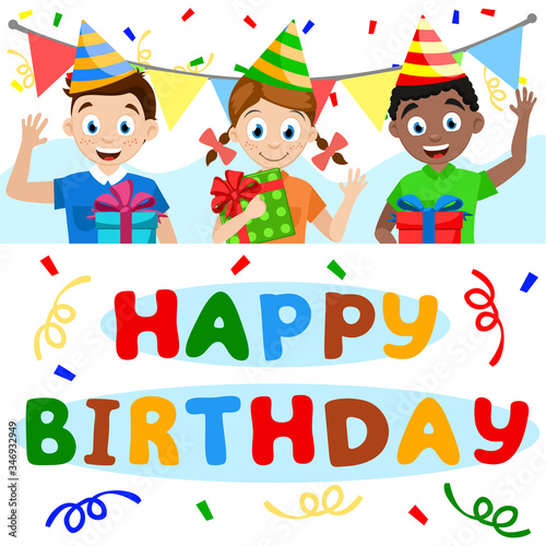 Children at the birthday party peep out from behind a white background
