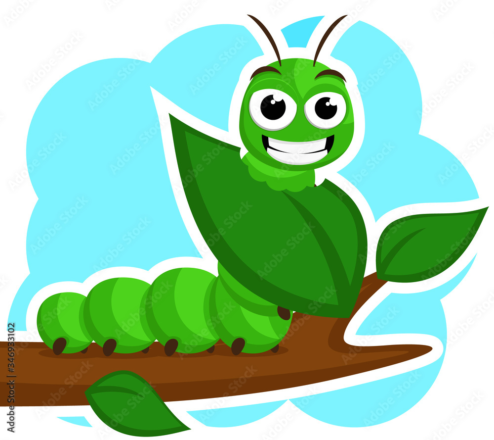 Fototapeta premium A caterpillar smiles and eats a green leaf on a white. Character
