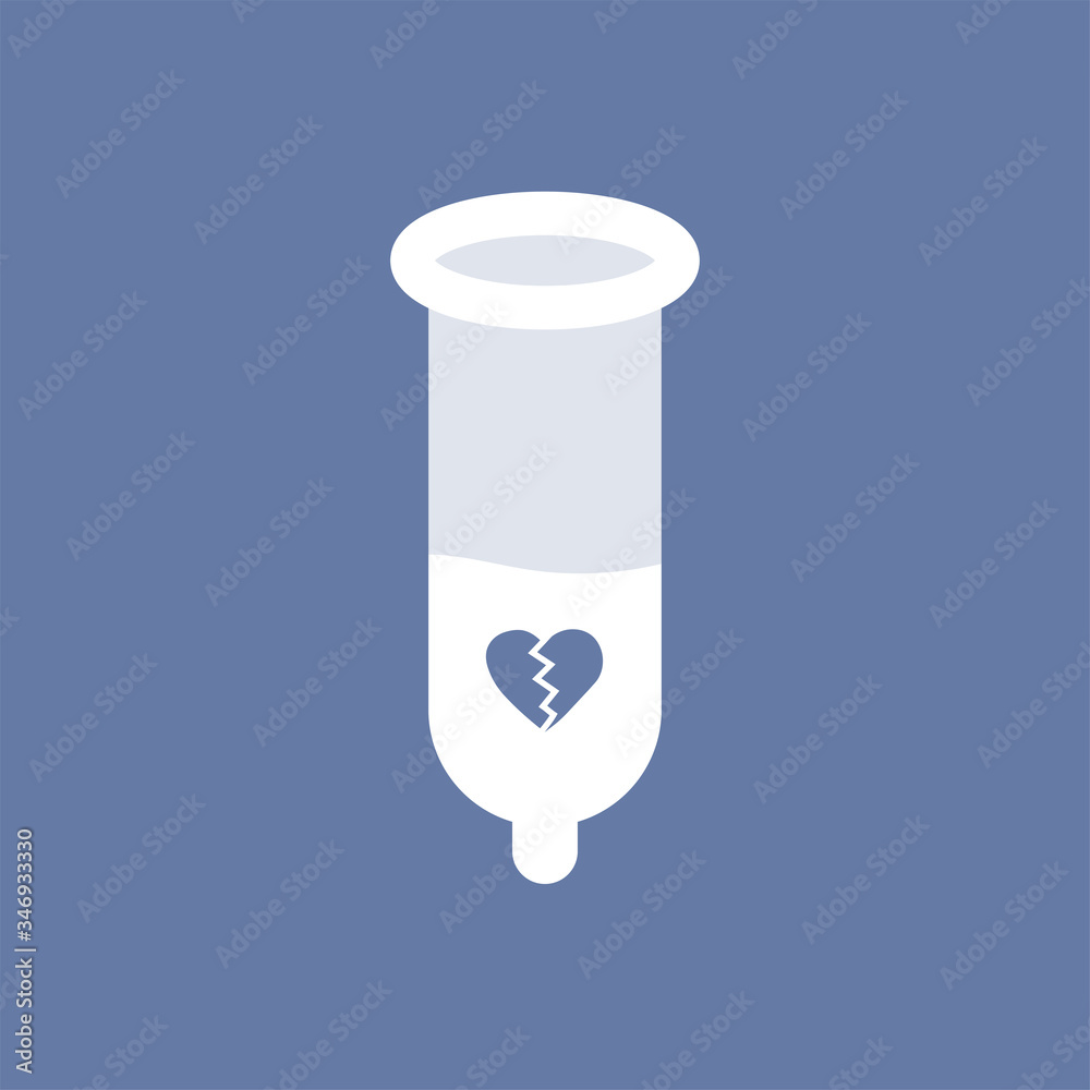 Sperm in the condom with broken heart sign. Concept of one night stand sex. One sided love relationship. Impotency sex. Sperm in the condom with broken heart sign. Concept of one night stand sex. One sided love relationship. Impotency sex.