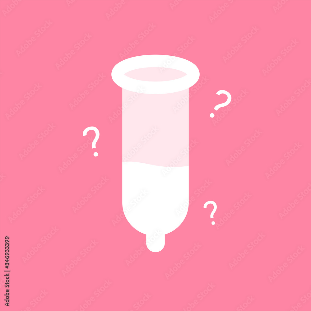 Condom with sperm inside it with question marks around it on pink background. Concept of identify sperm, Detecting sperm. Sperm quality.