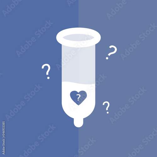 Sperm in the condom with confusion heart sign and question marks. The concept of one night stands sex. In a complicated relationship.