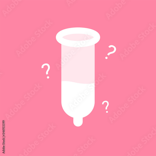 Condom with sperm inside it with question marks around it on pink background. Concept of identify sperm, Detecting sperm. Sperm quality.