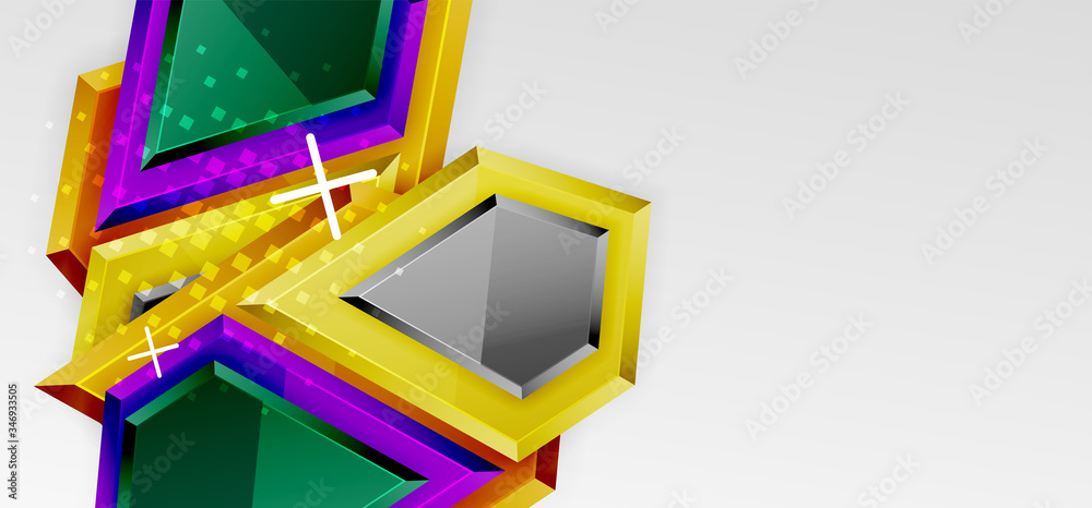 Metal glossy shiny geometric shapes with 3d effect composition. Techno futuristic vector abstract background For Wallpaper, Banner, Background, Card, Book Illustration, landing page