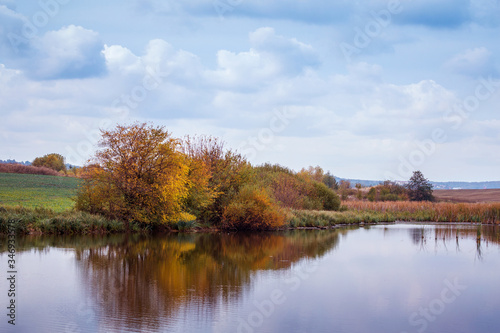 Autumn landscape with trees reflected in the river