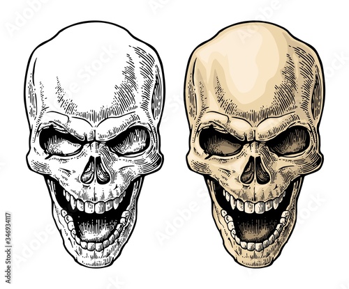 Skull human with a smile. Engraving vintage vector color illustration.