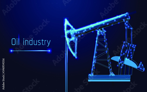 Oilfield equipment.Oil pump low poly wireframe art on blue background. . Oil rig. Industrial equipment. Polygonal illustration with connected dots and lines. 3D vector  ,mesh,plexsus