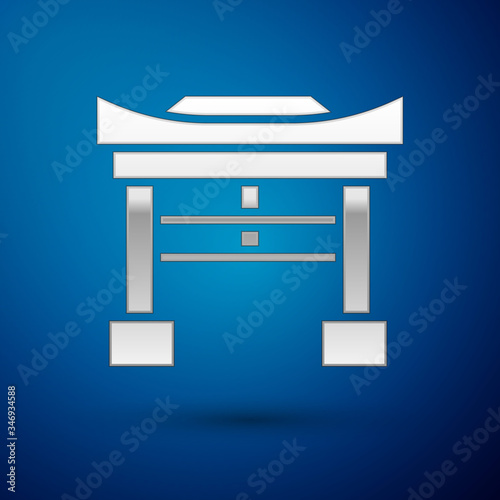 Silver Japan Gate icon isolated on blue background. Torii gate sign. Japanese traditional classic gate symbol.  Vector Illustration