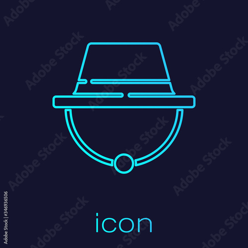 Turquoise line Camping hat icon isolated on blue background. Beach hat panama. Explorer travelers hat for hunting, hiking, tourism.  Vector Illustration