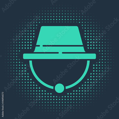 Green Camping hat icon isolated on blue background. Beach hat panama. Explorer travelers hat for hunting, hiking, tourism. Abstract circle random dots. Vector Illustration