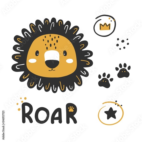Vector cute lion clipart. Cartoon character lion - hand drawn print for kids.