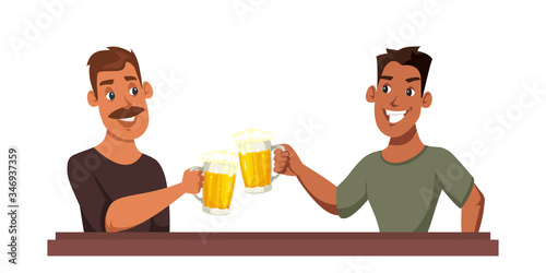 Male friends drinking beer rest in pub, bar, cafe