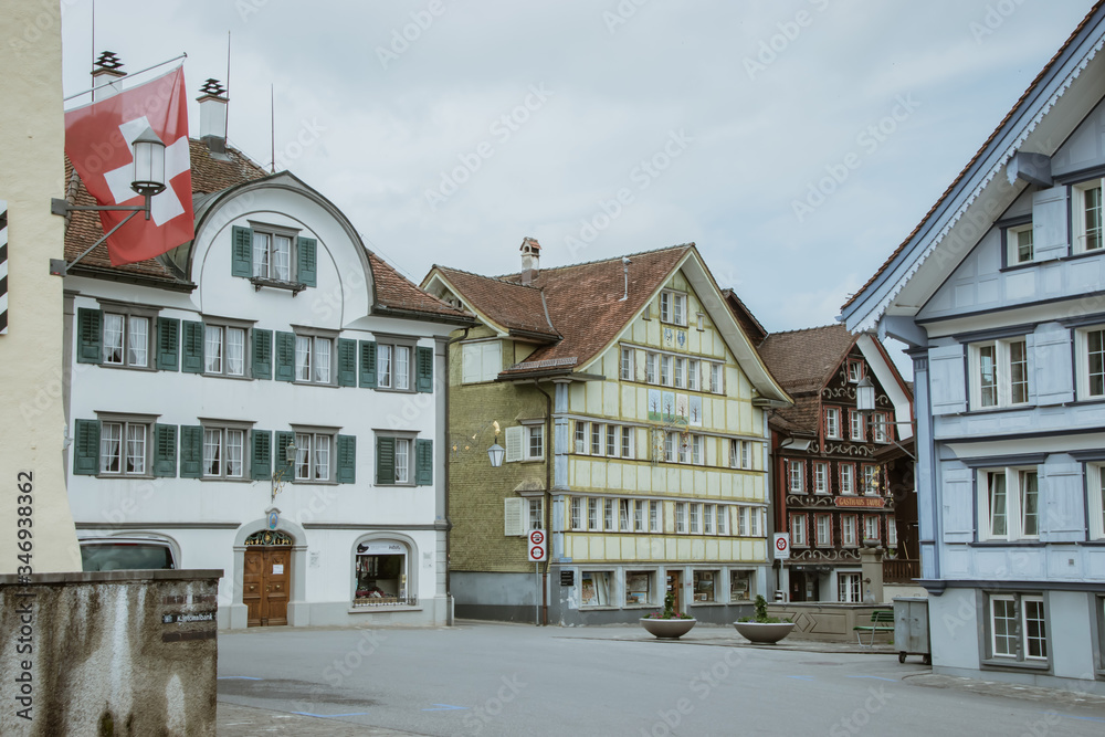 Closed stores and empty streets in the famous Appenzell. Taken in Appenzell/Switzerland, May 6. 2020