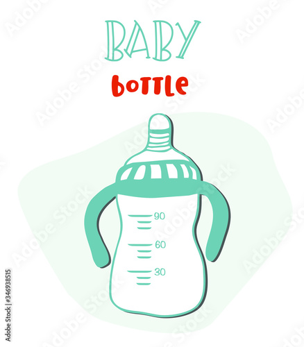 Baby bottle with handles for feeding infants, newborns. Isolated on white background, vector illustration