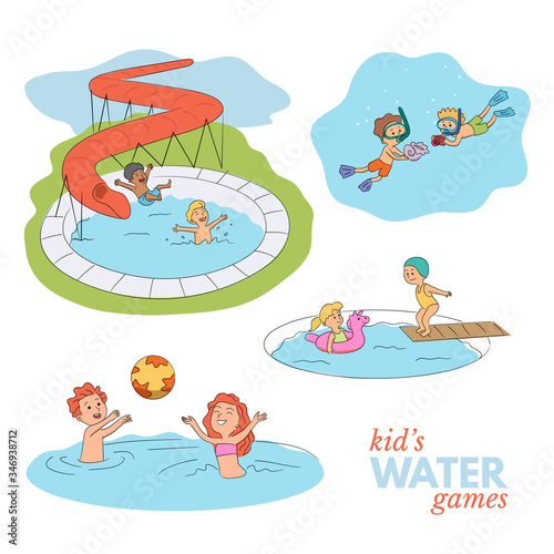 Aqua park kids entertainment scene cartoon set