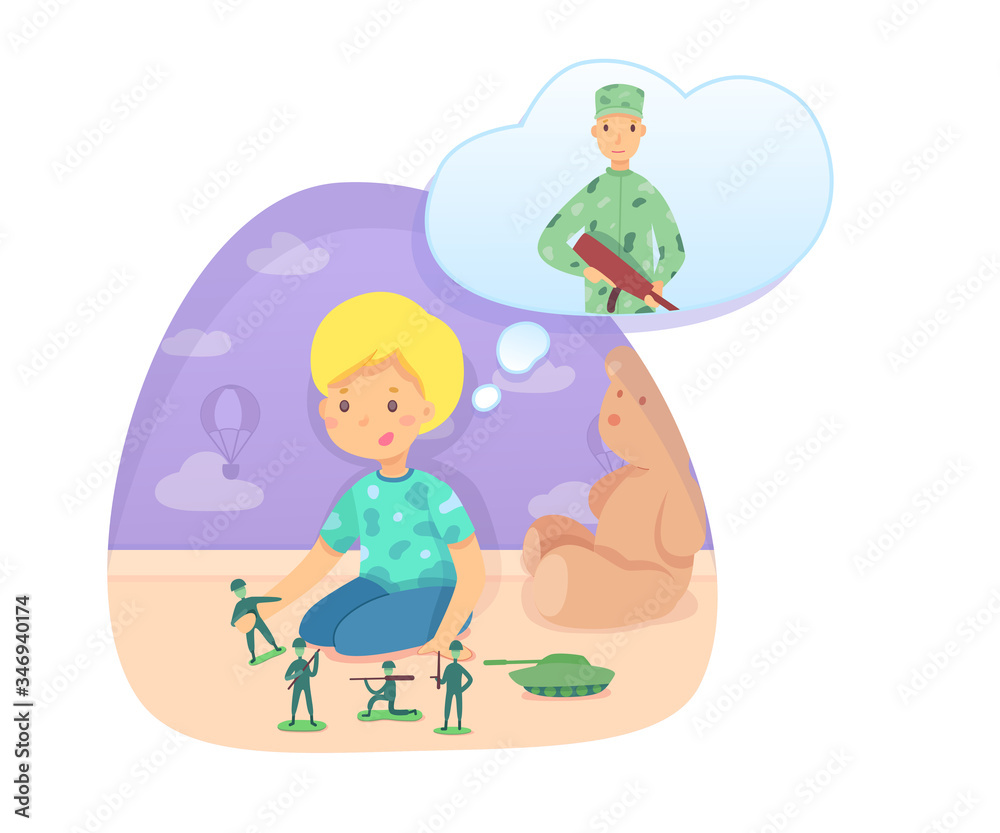 Boy playing toy soldier dreaming being warrior Boy playing toy soldier dreaming being warrior