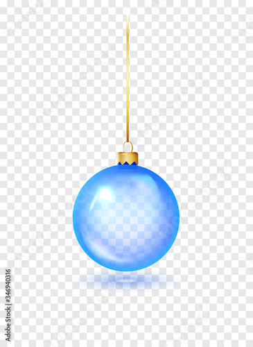Blue Christmas glass toys on a transparent background. Christmas ball hanging on gold string. Template shiny toy. Vector glass xmas bauble template. Isolated object