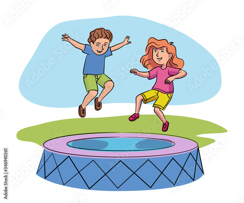 Boy and girl having fun jumping on trampoline